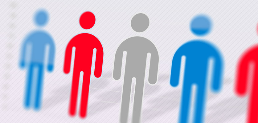 Image of five figures in blue, red, and gray