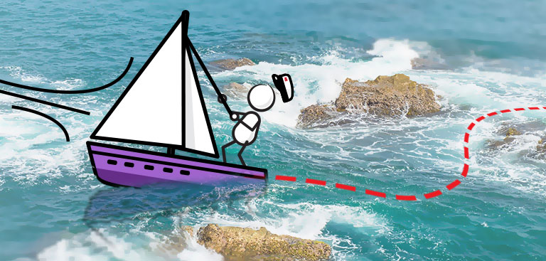 Image of a person on a sailboat navigating between rocks as the wind blows