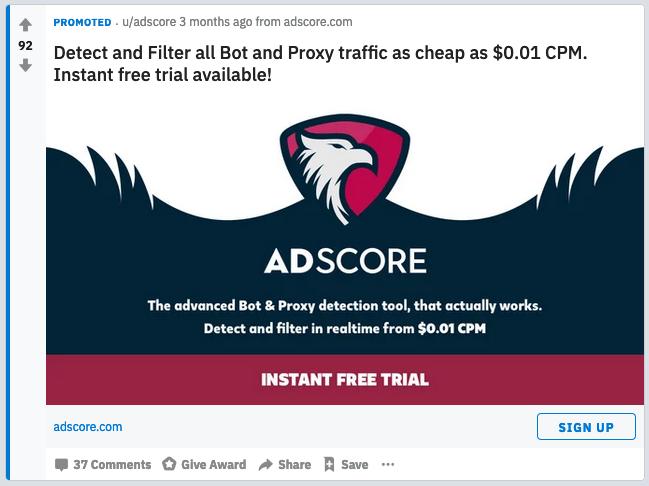 A screenshot of an ad for "Adscore," a bot and proxy detection tool.