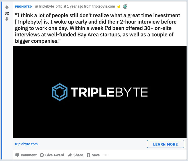A screenshot of an ad for "Triplebyte," a software engineer job search company.