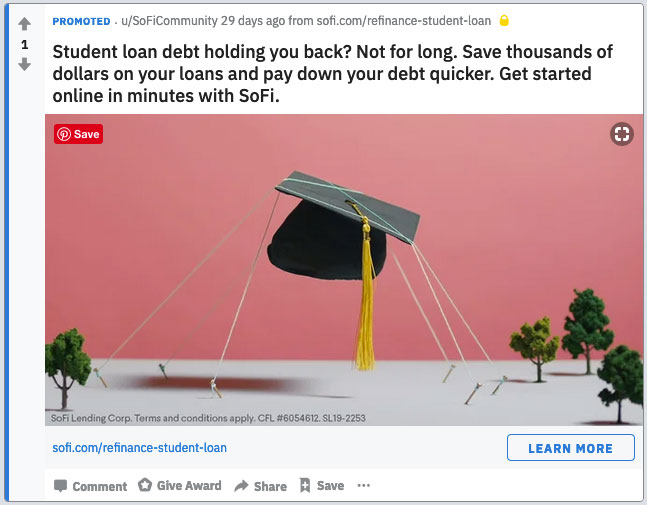 A screenshot of an ad for "Sofi," a student loan debt refinancing company.