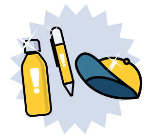 An illustration of a branded water bottle, pen, and hat