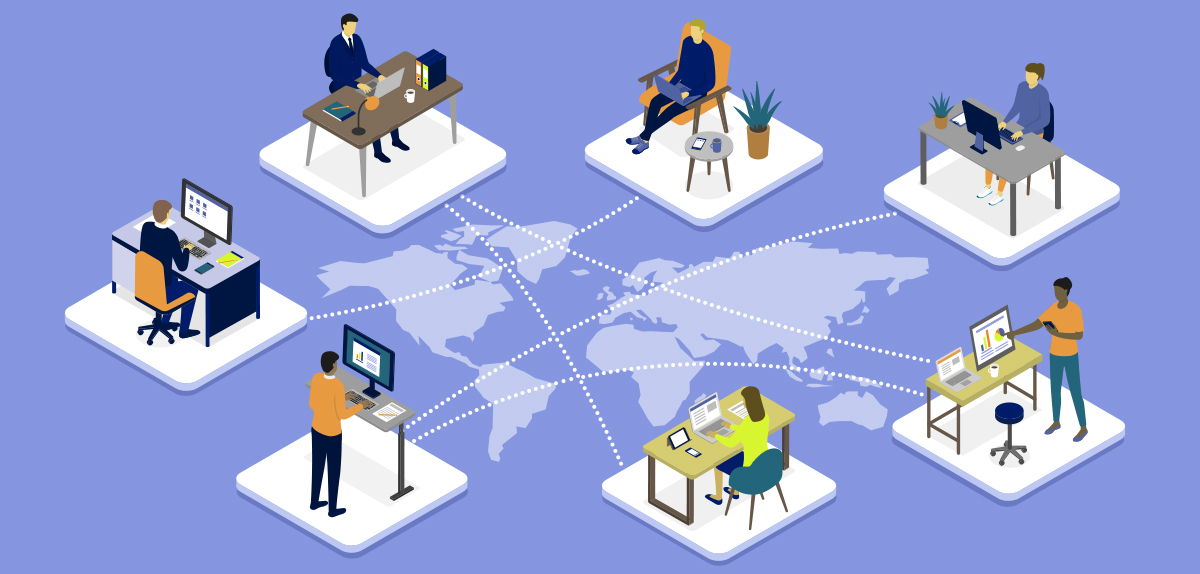 Illustration of remote workers across the world working together.